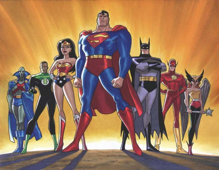 Group shot of the Justice League founding members in the DCAU (Superman, Batman, Wonder Woman, the Flash, Green Lantern, Martian Manhunter, and Hawkgirl)