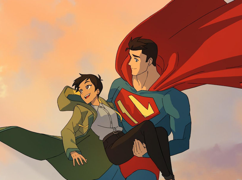Promotional artwork for My Adventures with Superman, showing Superman holding Lois Lane while flying