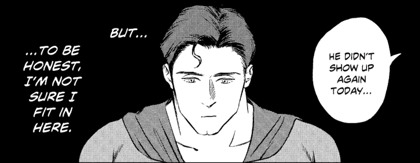 Manga Superman looking sad on a black background, thinking "But...to be honest, I'm not sure I fit in here."