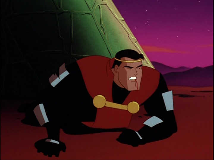Jor-El, from Superman: The Animated Series, on his knees and bleeding a bit from his mouth