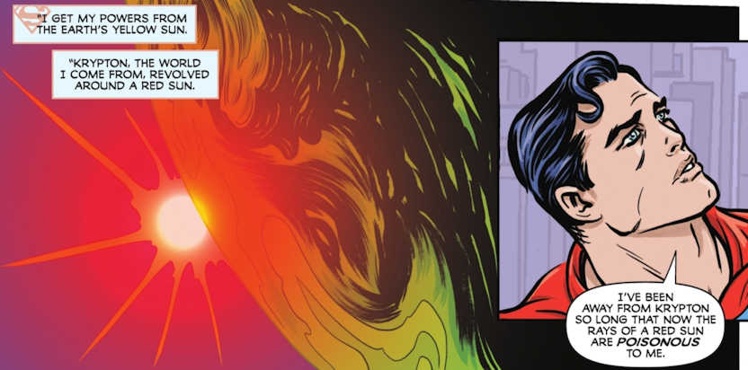 A segment of a comic. First panel shows Krypton and its red sun and has the narration text from Superman: "I get my powers from the Earth's yellow sun. Krypton, the world I come from, revolved around a red sun." Next panel shows Superman saying, "I've been away from Krypton so long that the rays of a red sun are poisonous to me."